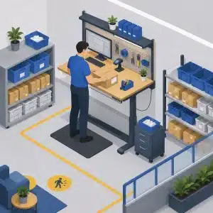 ergonomsko-delovno-okolje Ergonomsko delovno okolje z urejeno pakirno postajo in podlogo proti utrujenosti.