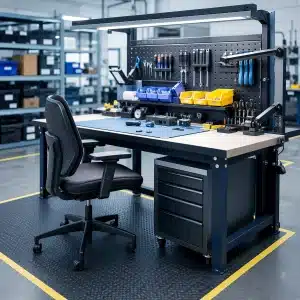 oprema-za-delovno-mesto-industrijska-delovna-postaja Oprema za delovno mesto z ergonomsko delovno postajo, stolom in urejenim orodjem v industrijskem okolju.