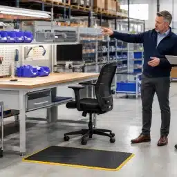 Oprema za delovno mesto v industrijskem skladišču z ergonomsko delovno postajo, vozičkom in protiutrujenostno podlogo.