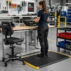 oprema-za-delovno-mesto-protiutrujenostna-podloga Oprema za delovno mesto s protiutrujenostno podlogo, ergonomskim stolom in urejeno delovno postajo v industrijski delavnici.
