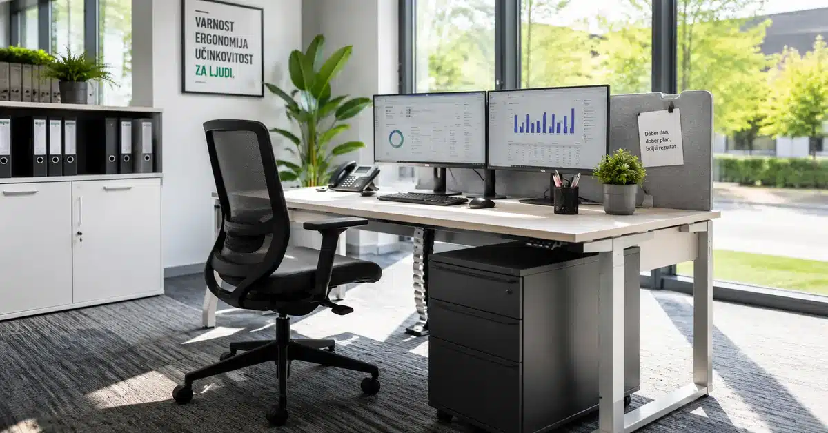 oprema-za-delovno-mesto-sodobna-pisarna Oprema za delovno mesto v sodobni pisarni z ergonomskim stolom, urejeno mizo in monitorji za učinkovito delo.