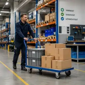 oprema-za-delovno-mesto-transportni-vozicek-skladisce Oprema za delovno mesto s transportnim vozičkom za lažje premikanje materiala v urejenem skladišču.