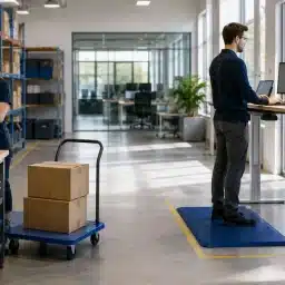 Sodobno delovno okolje z urejeno pakirno postajo in ergonomskim delovnim mestom.