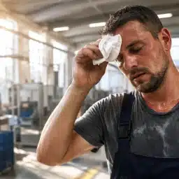 Vročina v proizvodnji – utrujen delavec si med poletno izmeno v proizvodni hali briše pot s čela.