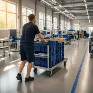 vrocina-v-proizvodnji-transportni-vozicek-1200x1200 Vročina v proizvodnji med premikanjem materiala s transportnim vozičkom po urejeni proizvodni hali.