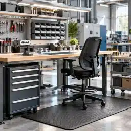 Boljša ergonomija na sodobno urejenem delovnem mestu z ergonomskim stolom, delovno podlogo in organizirano opremo.