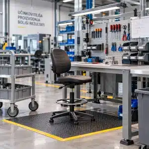 oprema-za-proizvodnjo-ergonomsko-delovno-mesto-1200x1200 Oprema za proizvodnjo na ergonomsko urejenem delovnem mestu z delovnim stolom, podlogo in organiziranim orodjem.