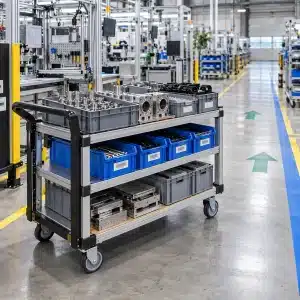oprema-za-proizvodnjo-transportni-vozicek-1200x1200 Oprema za proizvodnjo s transportnim vozičkom za učinkovitejši pretok materiala med delovnimi postajami.