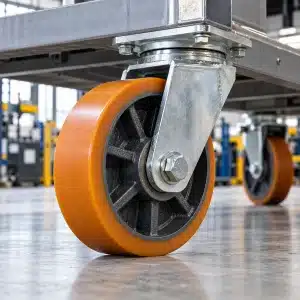 kolesa-za-tezka-bremena-detajl-1200x1200 Kolesa za težka bremena z robustnim kovinskim nosilcem in poliuretansko tekalno površino za industrijsko uporabo.