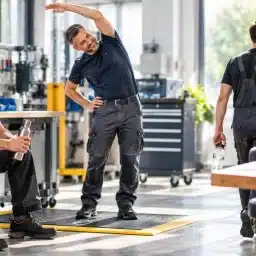 Mikro odmori pri delu z raztezanjem, hidracijo in kratkim gibanjem za manj utrujenosti med delovnim dnem.